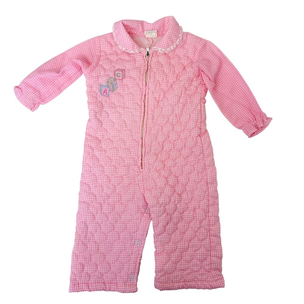 Vintage 80s Thomas Girls Quilted Gingham Pink Footless Bodysuit - 6-9 Months